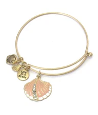 Sea Life Enamel Peach Colored Shell Charm Wire Bangle Bracelet Gold Toned