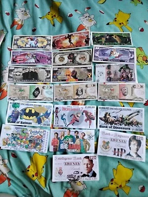 Character novelty credit money bank notes. Various designs