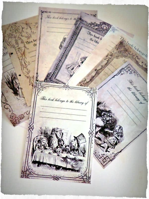 Set of 8 Vintage Style Alice in Wonderland 'This book belongs to' Labels/Plates