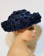 1950's 1960's Ladies Vintage Navy Blue Straw Hat Union Made USA
