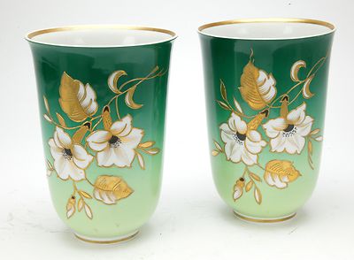 A Pair Of Schaubach Kunst Green Vases With Gold Applications. Germany. 1950s. 7''