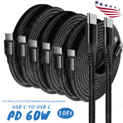 PD 60W Braided USB-C to USB-C Cable For iPhone 15Pro 16 17 Fast Charger Cord Lot