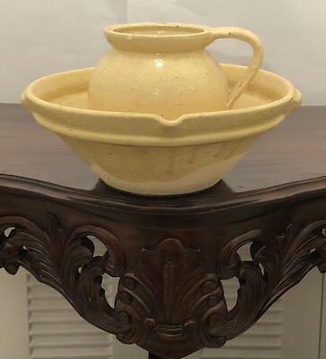 Vintage Confit Style Pottery Large Bowl and pitcher Spout Handle Made In France