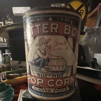 Jutter Boy Sur-Nuf Pop Corn ''Always Pops'' Collectible Advertising Tin