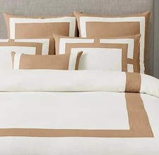 Restoration Hardware Framed White Caramel LINEN F/ Queen DUVET COVER 2 Shams