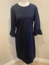 Banana Republic Sheath Tulip Sleeve Dress 4 Navy Blue Knit Ruffle Stretch Read