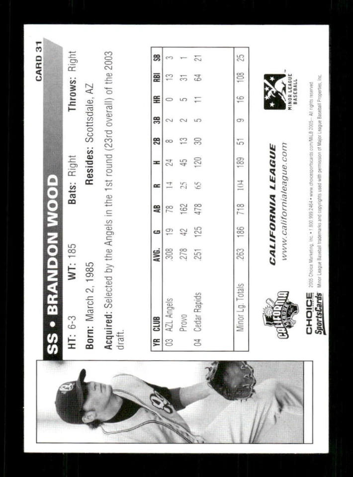 2005 Choice Rancho Cucamonga Quakes 31 Brandon Wood BXCP30 - Image 2 of 2