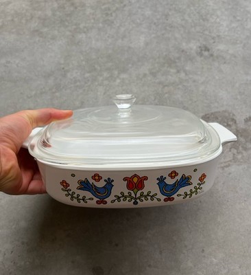 CorningWare A-1-B 1 Qt Square 8x8 Casserole Dish w/ Glass Lid Floral Birds 1975