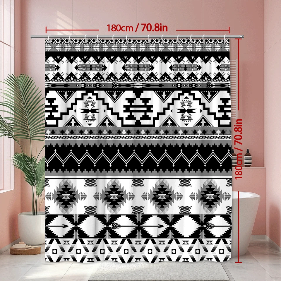 Cortina de Ducha Estampado Azteca Tribal Suroeste, Blanco y Negro Geométrico Boho Foto 3 de 4