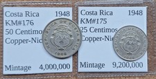 2 Nice Old Costa Rica 25 & 50 Centimos Coins both 1948 Vintage World Foreign !!
