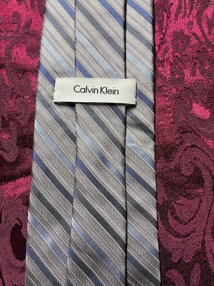 Calvin Klein Grey, Black, and Blue Diagonal Multi-Stripe Tie image 2