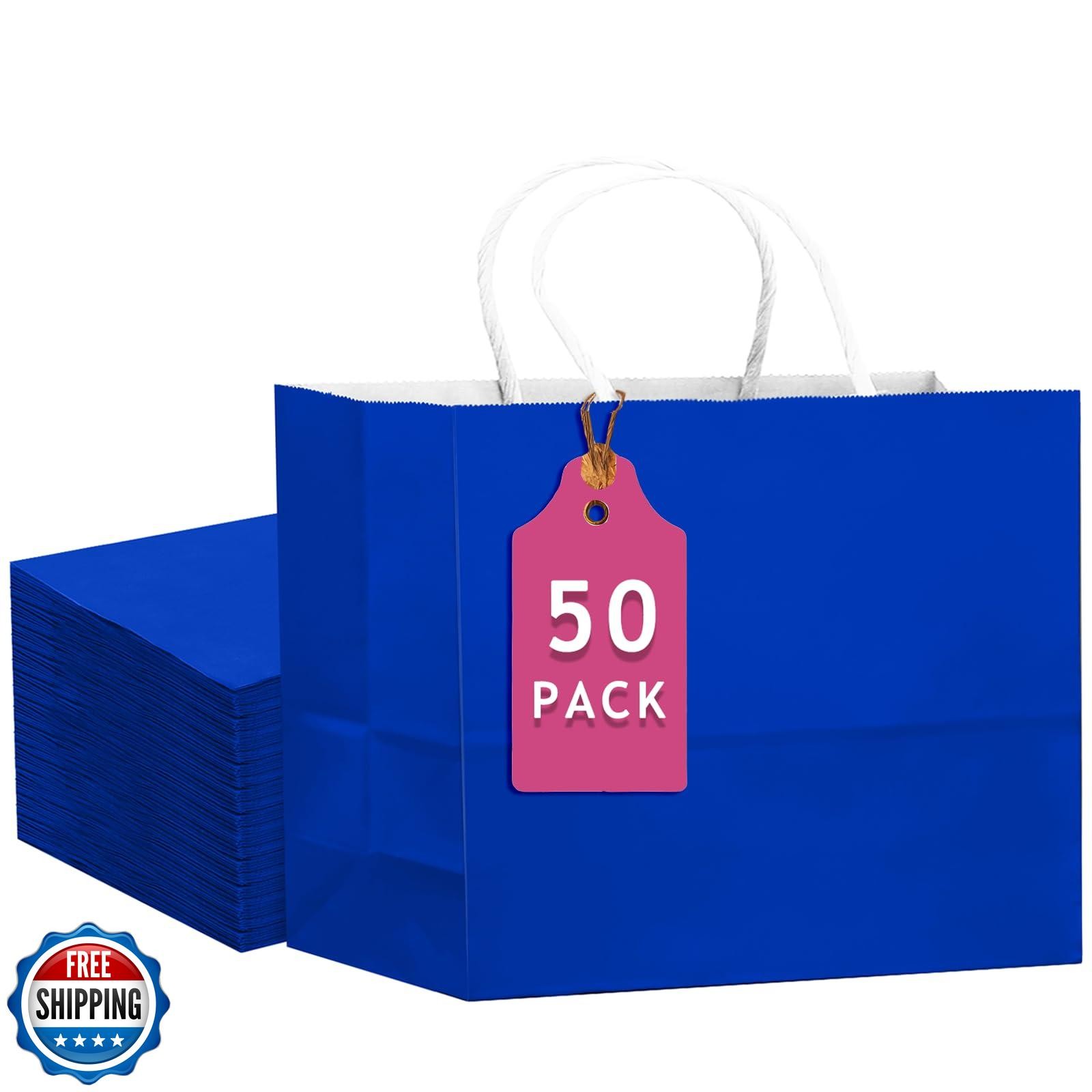 qiqee 50-Packs Diamond Blue Paper Gift Bags with Handles Bulk 12.6"x4.3"x10" 