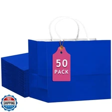qiqee 50-Packs Diamond Blue Paper Gift Bags with Handles Bulk 12.6"x4.3"x10" 