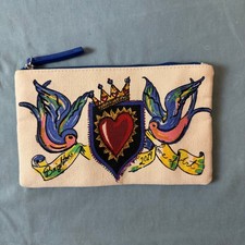 Brighton Bright 2019 Heart Bird Canvas Zip Pouch Cosmetic Bag Tattoo Artsy Biker
