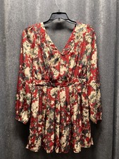 Miss Me Size Large Floral Pleated Fit & Flare Mini Dress Deep V-neck Lined Red