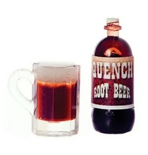 DOLLHOUSE MINIATURE ROOT BEER SODA BOTTLE w/FILLED MUG by FARROW INDUSTRY NIP