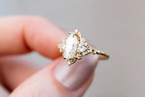Engagement Ring 14K Yellow Gold Plated 1.0 Carat Marquise Cut Moissanite Ring - Picture 6 of 19