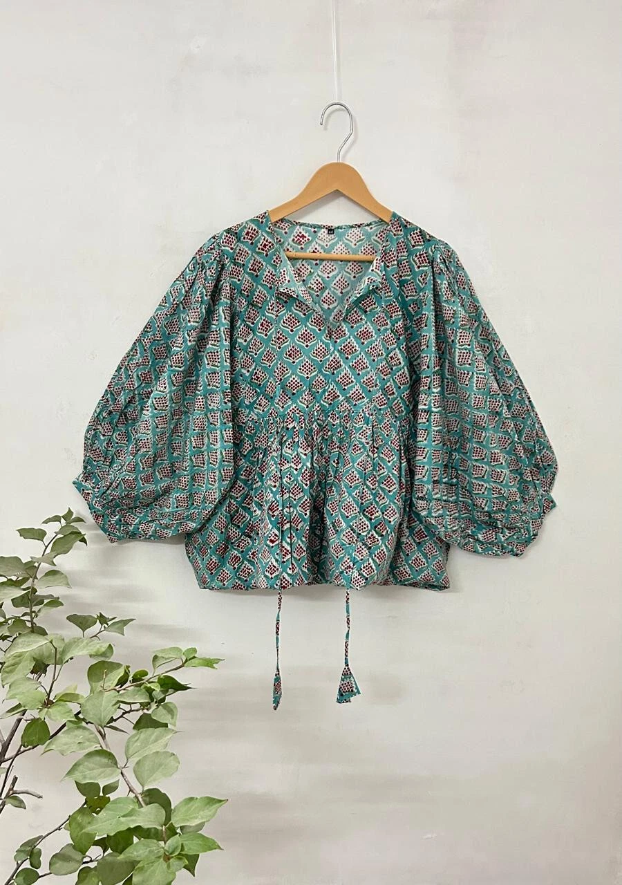 Women Balloon Summer Cotton Tops V Neck Party Wear Shorts Floral Hand Block