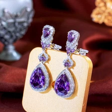 Top Purple CZ Drop Dangle Non Pierced Ear Clips On Earrings Without Ear Piercing