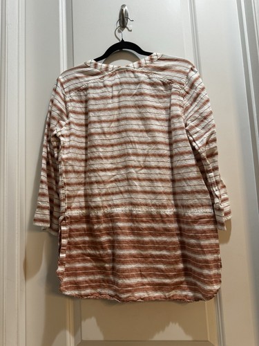 Eddie Bauer Pullover Linen Top Coral/white Stripe VNeck 3/4 Sleeve Rounded Hem M - Picture 6 of 6