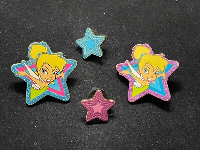 Disney 4 Pin Set DLRP DLP Cartoon Tinker Bell with Stars Glitter Blue Pink 29007