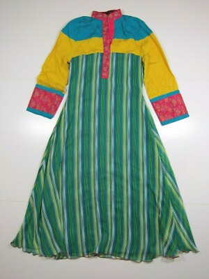 NWT QH Pret Rayon Blue Pink Yellow Long Sleeve Kurta Qurti Tunic Dress Women S