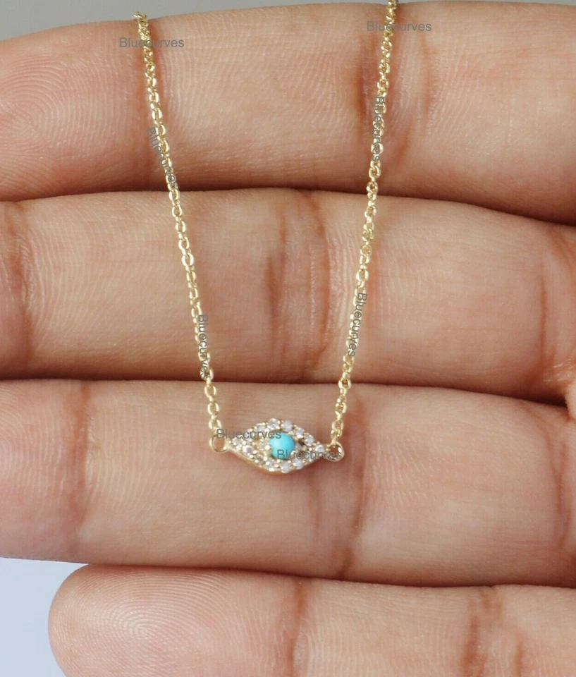 Collar colgante de diamantes de mal de ojo turquesa de oro amarillo macizo de 18k joyería fina Foto 4 de 4