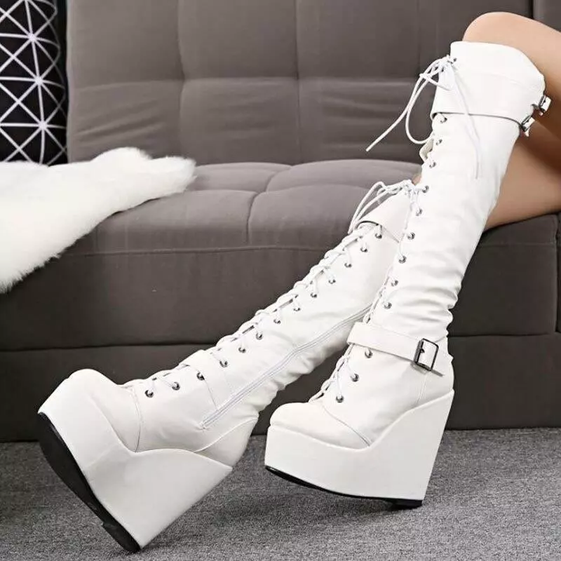 Fashion Ladies High Heel Platform Knee Boots Wedge Lace Up High