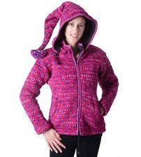 Cardigan rose art et magie laine hippie goa avec capuche zippée amovible