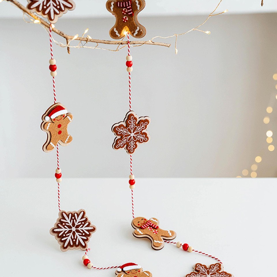 Gingerbread Man Garland Wooden & Felt Decor For Christmas Tree, Window