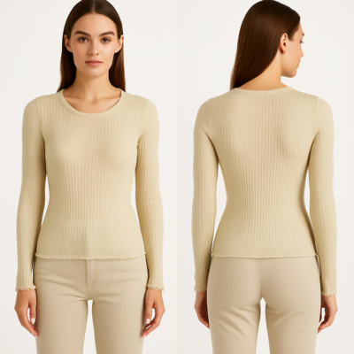 Liu Jo Damen Shirt S L Ripp Stretch Weiß Kokos Langarm Made Italy