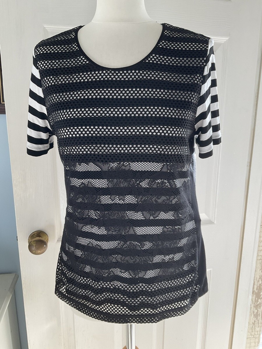 Barbara Lebek Black White Striped Mesh Lace Layered Jersey Top