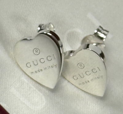 New Gucci Authentic Heart Trademark Stud Earrings 925 Silver New With Box.