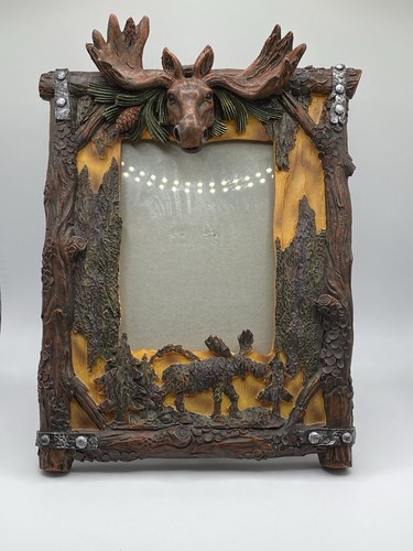 Rustic Bark Resin Moose Head Antler Picture Frame 4x6 - Picture 3 of 6