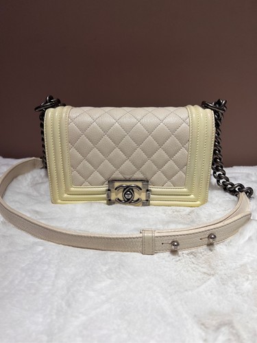 AUTH Chanel Boy Small Cream Beige Caviar Leather Ruthenium Hardware Shoulder Bag