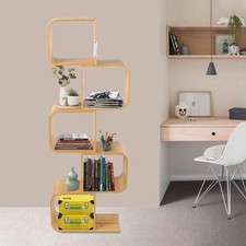 5 Tier Wood Geometric Bookcase S-Shaped Display Bookshelf Storage Room Divider