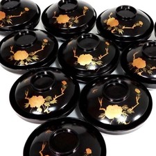 Wajima Lacquer Bowls Set of 10 – Gold Makie Floral Crest, Lidded Wooden Bowls