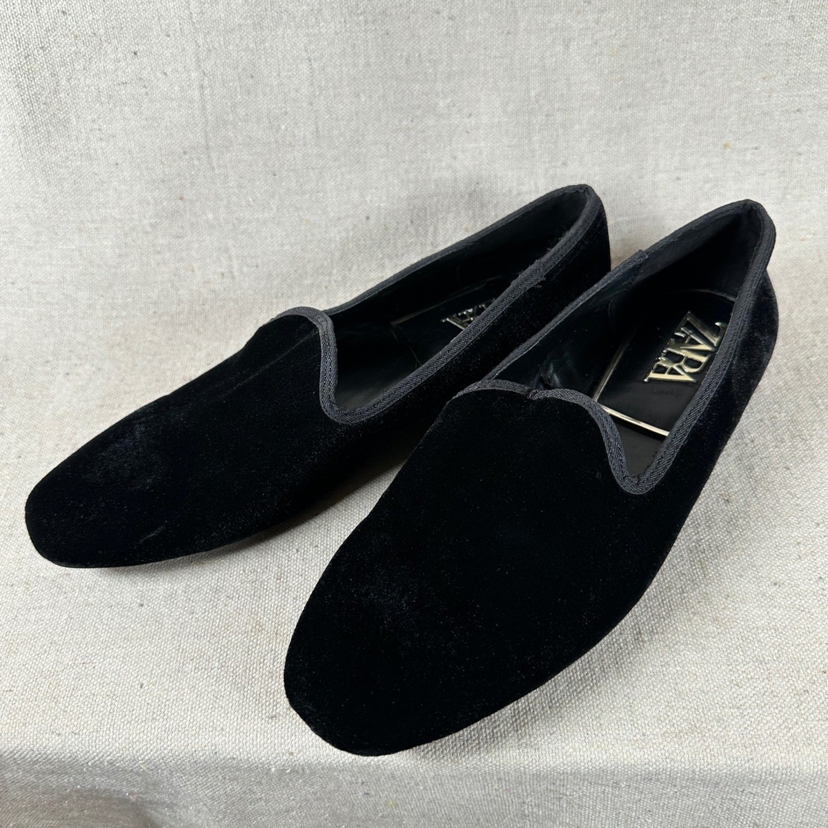 Zara Black Velvet Smoking Slippers Venetian Loafers 38 Dark 