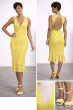 Boohoo Yellow Lace Bodycon Midi Dress Open Back Size 8 NWT