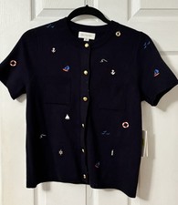 Free Assembly Navy Nautical Embroidered Button Cardigan