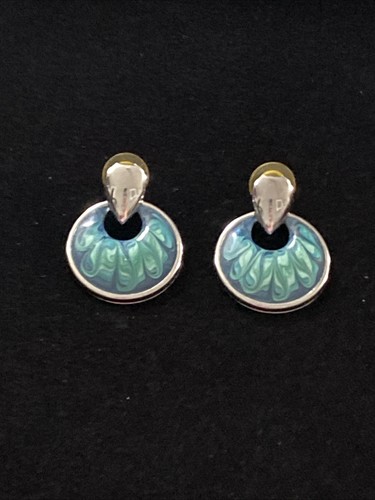 Orecchini battenti porta anni 80 smalto dischi vorticosi vintage anni 80 glam 1,5" verde e blu - Foto 5 di 7