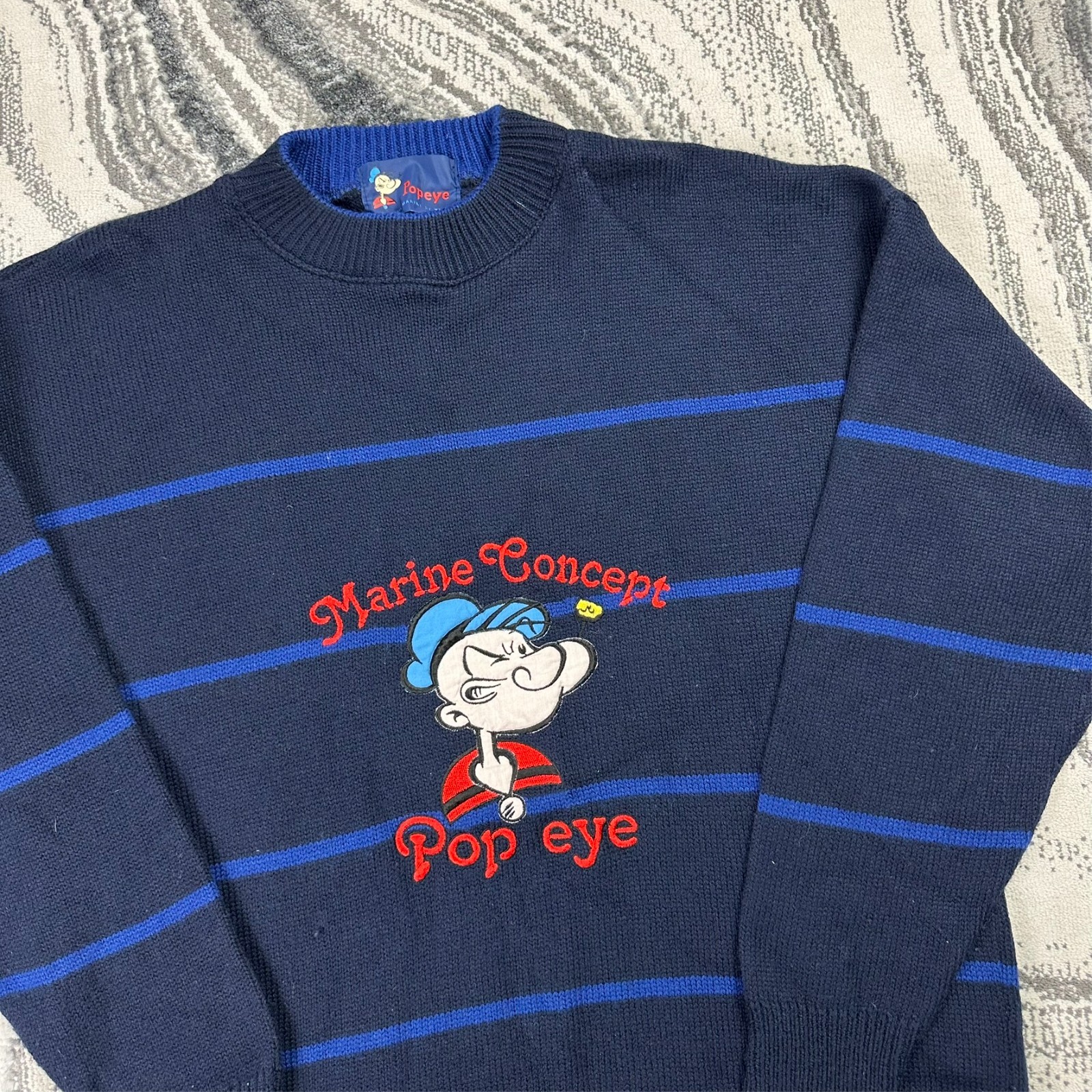 Vintage Popeye 1990s Navy Blue Wool Marine Concept Graphic Sz Large Knit Jumper image 2
