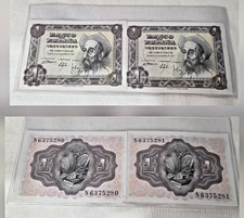 2 1951 RETIRED 1 PESETA BANCO DE ESPANA BANKNOTES UNCIRCULATED CONSECUTIVE # S