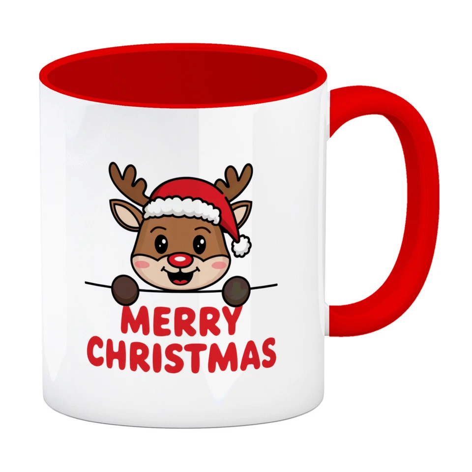 Rentier mit Weihnachtsmütze - MERRY CHRISTMAS Kaffeebecher in rot