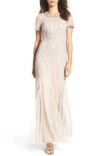 ADRIANNA PAPELL Silver Nude Beaded Sequin Embellished Mermaid Gown Maxi Dress 12