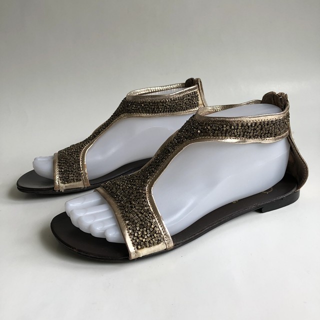 Seychelles 7 Gold Beaded Leather Ankle Strap Flat Sandals Gladiator Back Zip | eBay