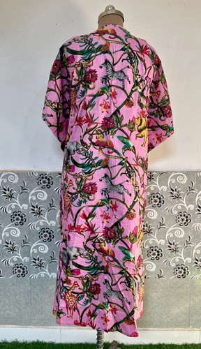Baby Pink Forest Printed Cotton Kaftan handmade printed Caftan Nightwear Dress - Picture 6 of 6