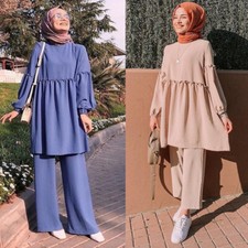 2pcs Muslim Women Modest Long Sleeve Tops Pants Abaya Casual Outfits Islamic Set