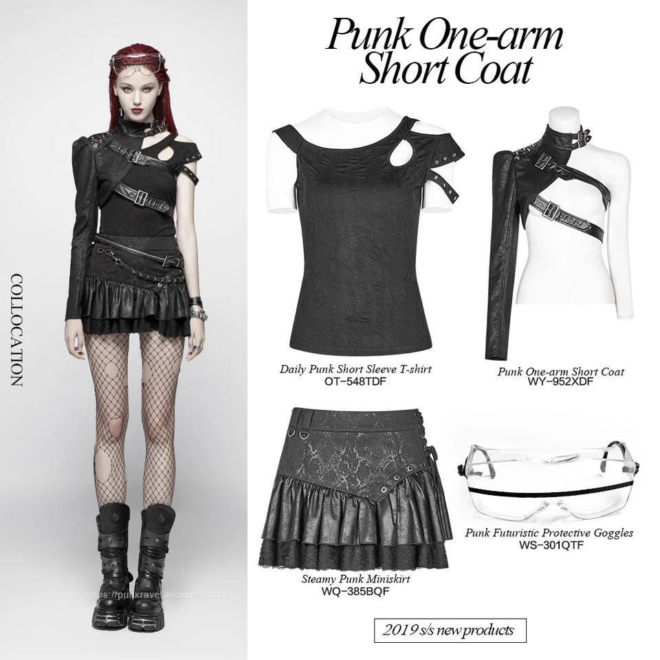 Punk Rave Gótico Mujer Un Brazo Manga Larga Remache Abrigo Corto Negro Soldado Chaqueta Foto 2 de 4