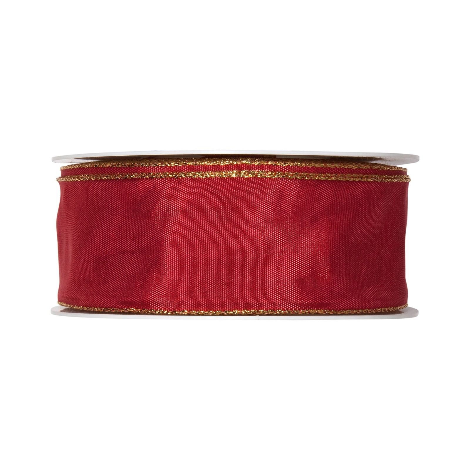 Ruby Red Taffeta Ribbon 40mm wide x 25m with a Gold Edge